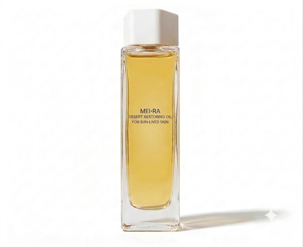 MEI.RA Desert Restoring Oil in a tall clear glass bottle of golden oil.