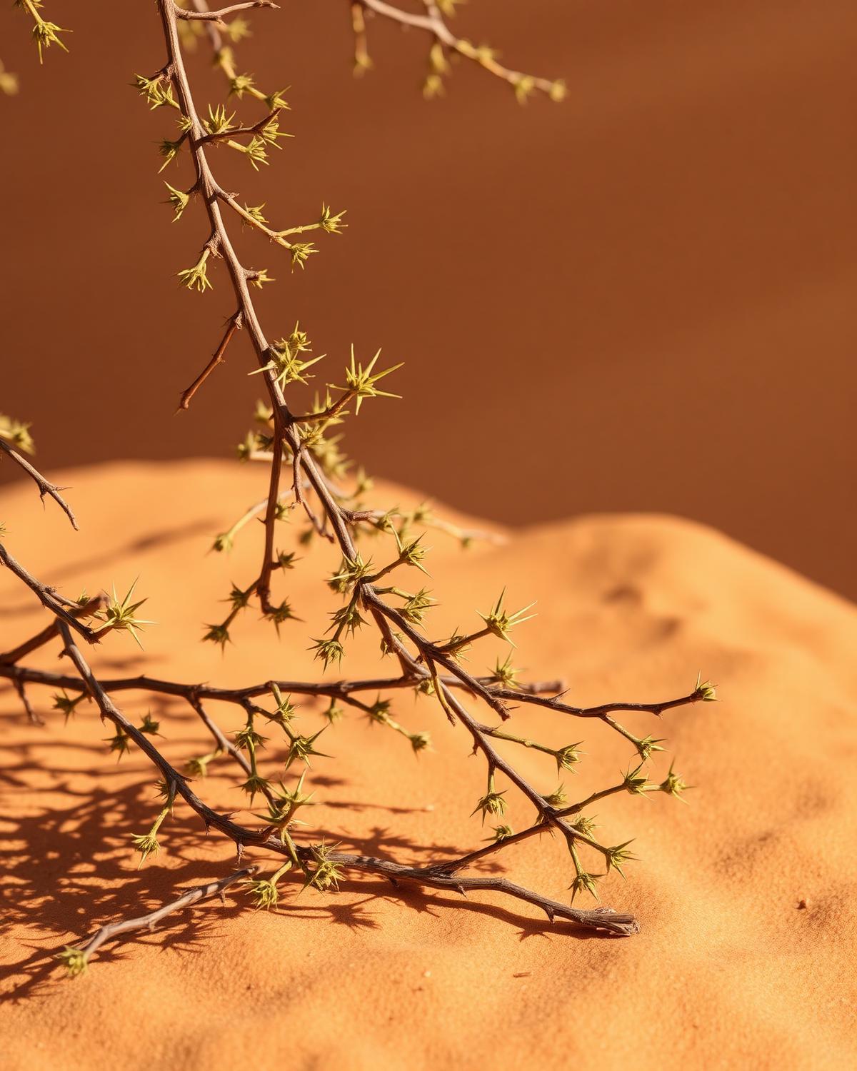 Flowering khejri branch, Prosopis cineraria, in warm desert light.